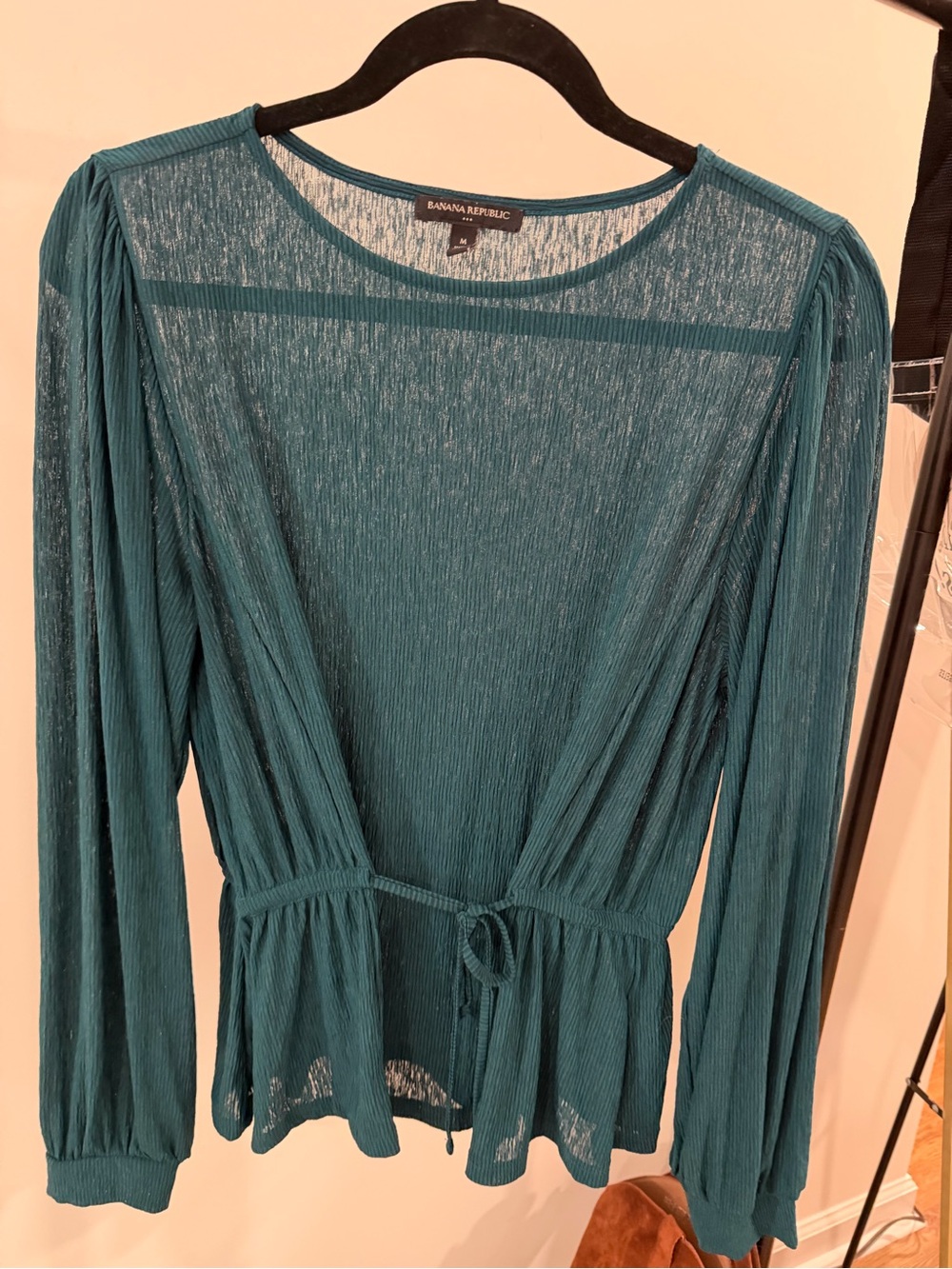 Banana Republic Teal Long-Sleeve Sheer Tie-Waist Top
